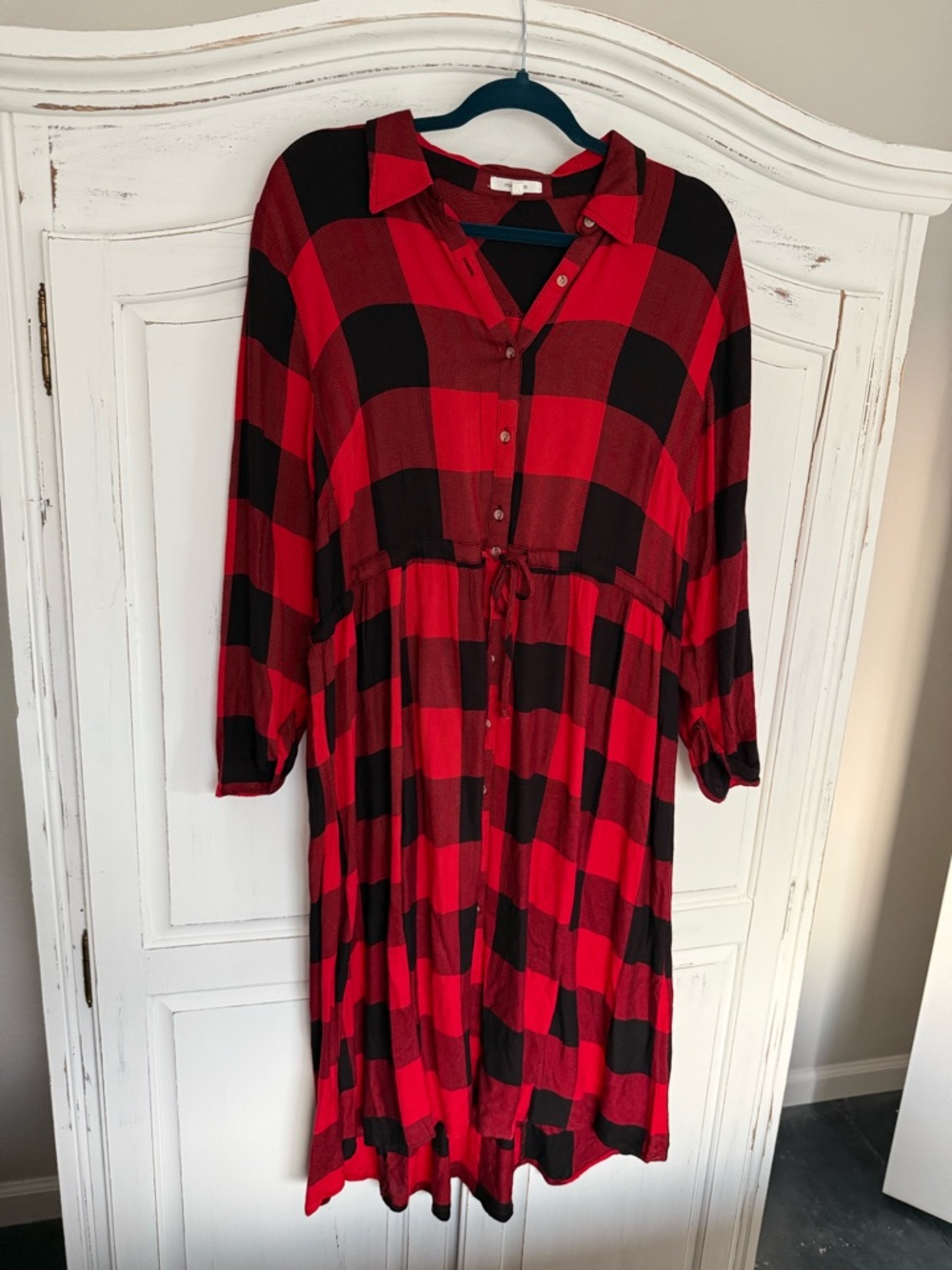 Maurices Red and Black Plaid Midi Shirt Dress